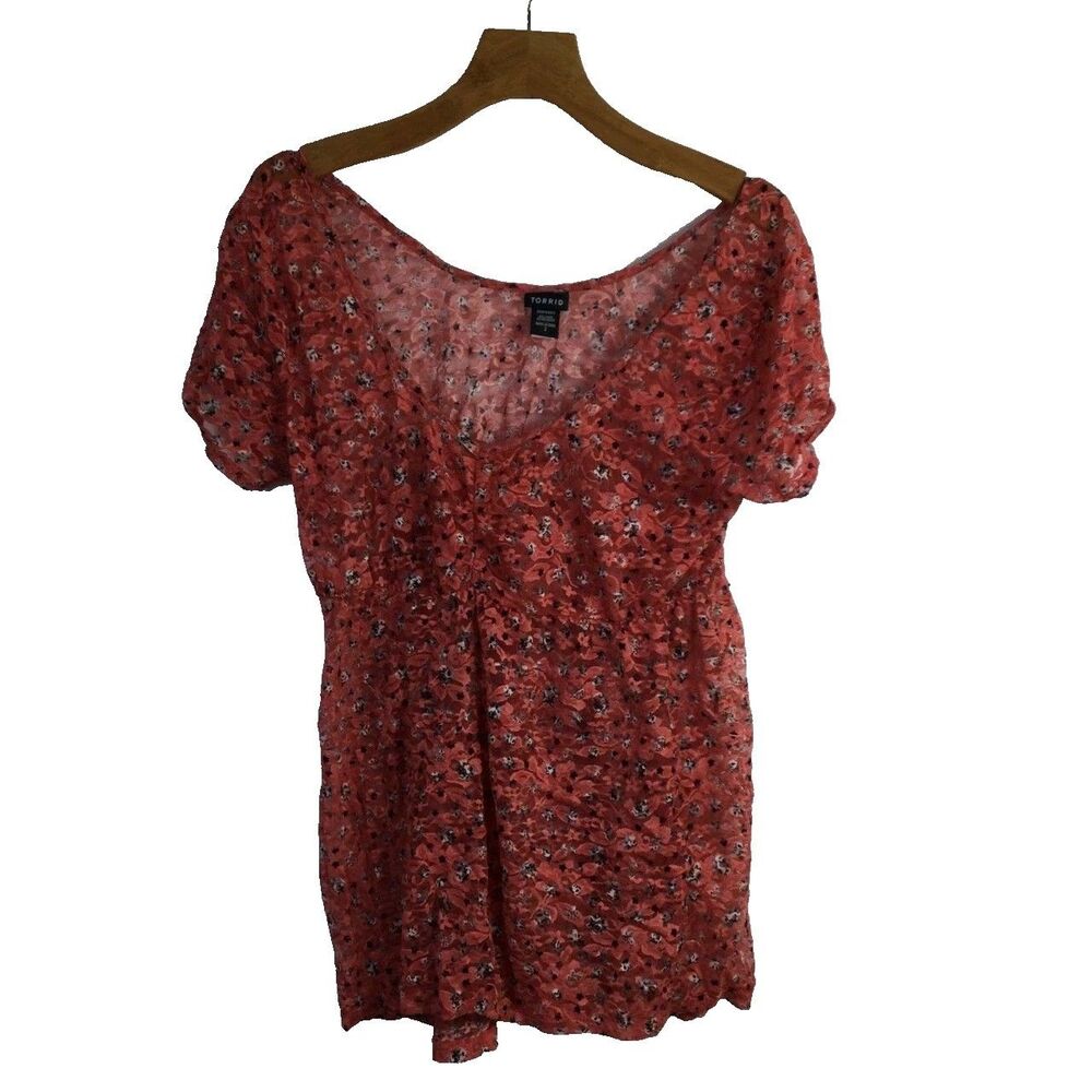 Torrid Womens Overlay Floral Lace Sheer Blouse Short Sleeve Floral Pink Size 2X